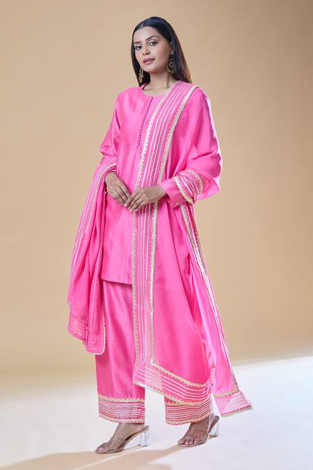Samyukta Singhania_Pink Chanderi, Viscose Sequins, Gota Patti Round Neck Work Kurta Pant Set _Online_at_Aza_Fashions