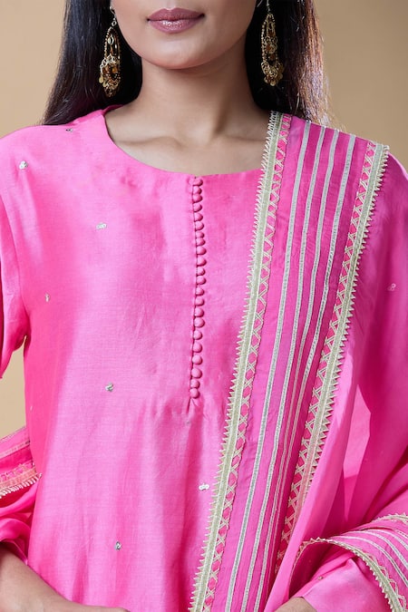 Shop_Samyukta Singhania_Pink Chanderi, Viscose Sequins, Gota Patti Round Neck Work Kurta Pant Set _Online_at_Aza_Fashions