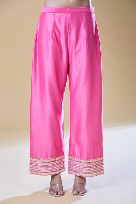 Samyukta Singhania_Pink Chanderi, Viscose Sequins, Gota Patti Round Neck Work Kurta Pant Set _at_Aza_Fashions
