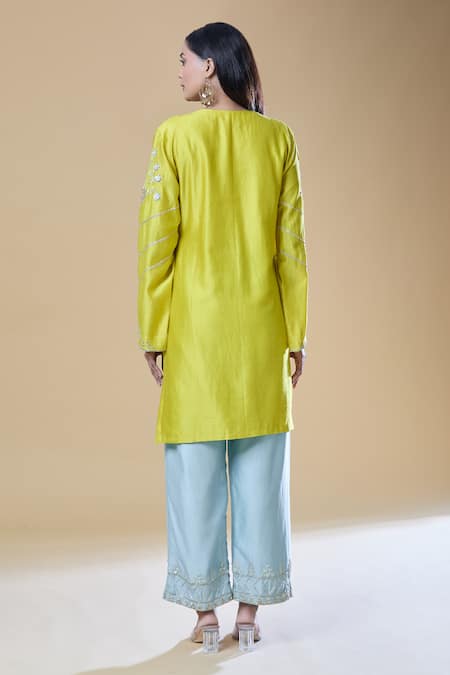 Shop_Samyukta Singhania_Yellow Chanderi, Viscose, Organza Sequins, Beads, Zari, Floral Kurta Pant Set _at_Aza_Fashions