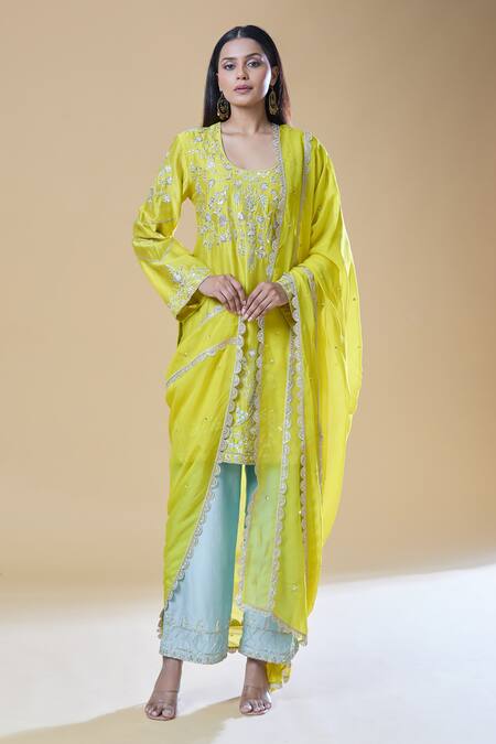 Shop_Samyukta Singhania_Yellow Chanderi, Viscose, Organza Sequins, Beads, Zari, Floral Kurta Pant Set _Online_at_Aza_Fashions