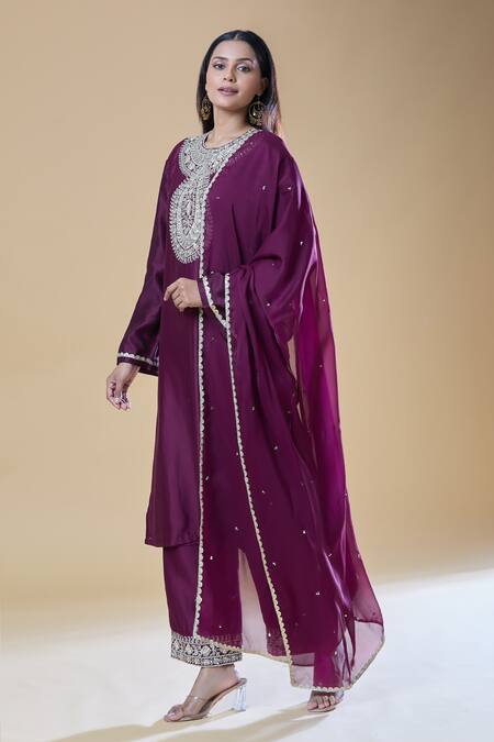 Buy_Samyukta Singhania_Wine Chanderi, Viscose Embroidery, Zari Round Paisley Pattern Kurta Pant Set_Online_at_Aza_Fashions