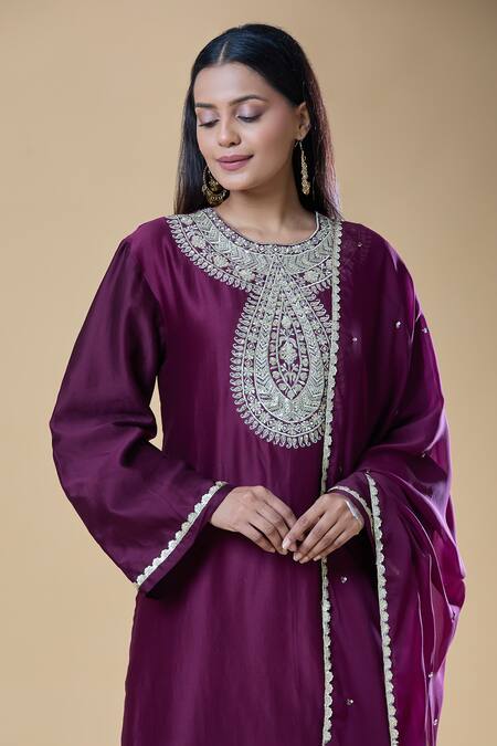 Shop_Samyukta Singhania_Wine Chanderi, Viscose Embroidery, Zari Round Paisley Pattern Kurta Pant Set_Online_at_Aza_Fashions