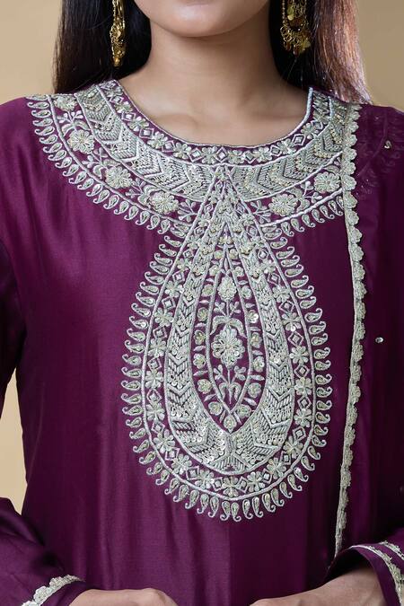 Samyukta Singhania_Wine Chanderi, Viscose Embroidery, Zari Round Paisley Pattern Kurta Pant Set_at_Aza_Fashions