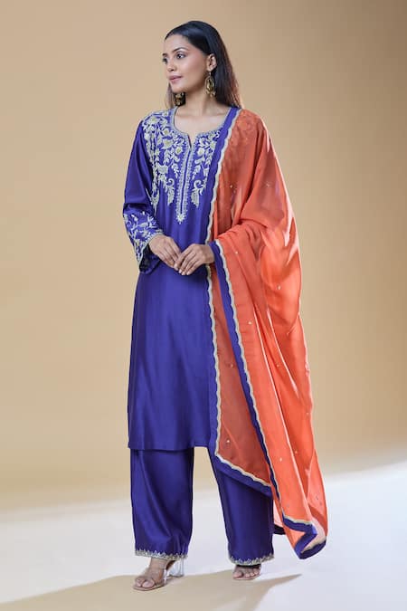 Shop Samyukta Singhania Blue Chanderi, Viscose Embroidery, Zari V-neck Floral Jaal Kurta Pant Set Online at Aza Fashions Shop_Samyukta Singhania_Blue Chanderi, Viscose Embroidery, Zari V-neck Floral Jaal Kurta Pant Set _Online_at_Aza_Fashions