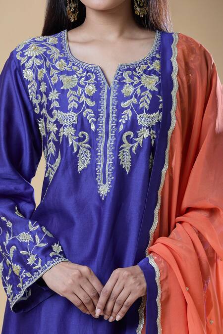 Samyukta Singhania Blue Chanderi, Viscose Embroidery, Zari V-neck Floral Jaal Kurta Pant Set at Aza Fashions Samyukta Singhania_Blue Chanderi, Viscose Embroidery, Zari V-neck Floral Jaal Kurta Pant Set _at_Aza_Fashions