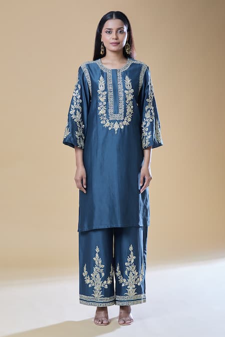 Samyukta Singhania_Blue Chanderi, Viscose Embroidery, Sequins, Zari Round Neck Kurta Pant Set _Online_at_Aza_Fashions