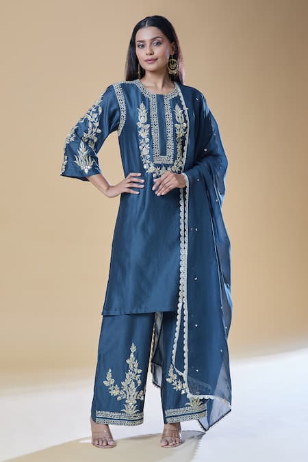 Buy_Samyukta Singhania_Blue Chanderi, Viscose Embroidery, Sequins, Zari Round Neck Kurta Pant Set _Online_at_Aza_Fashions