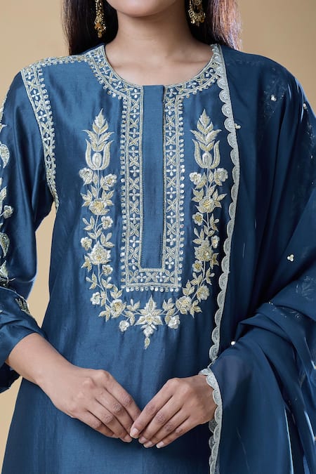 Shop_Samyukta Singhania_Blue Chanderi, Viscose Embroidery, Sequins, Zari Round Neck Kurta Pant Set _Online_at_Aza_Fashions