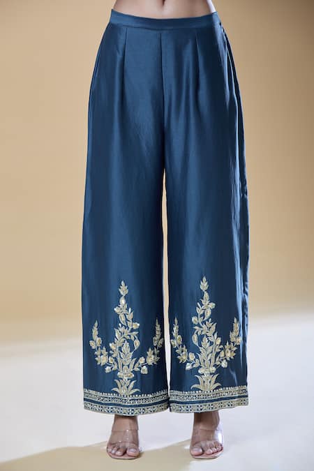 Samyukta Singhania_Blue Chanderi, Viscose Embroidery, Sequins, Zari Round Neck Kurta Pant Set _at_Aza_Fashions