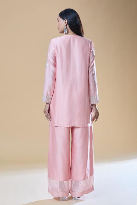 Shop_Samyukta Singhania_Pink Chanderi, Viscose Sequins, Beads, Zari, Embroidery Round And Kurta Pant Set _at_Aza_Fashions