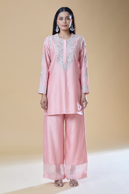 Samyukta Singhania_Pink Chanderi, Viscose Sequins, Beads, Zari, Embroidery Round And Kurta Pant Set _Online_at_Aza_Fashions