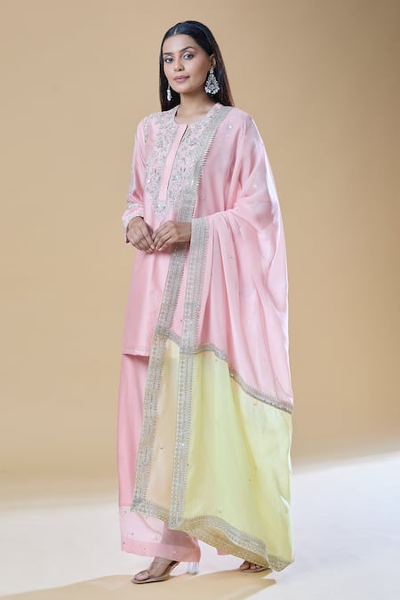 Buy_Samyukta Singhania_Pink Chanderi, Viscose Sequins, Beads, Zari, Embroidery Round And Kurta Pant Set _Online_at_Aza_Fashions