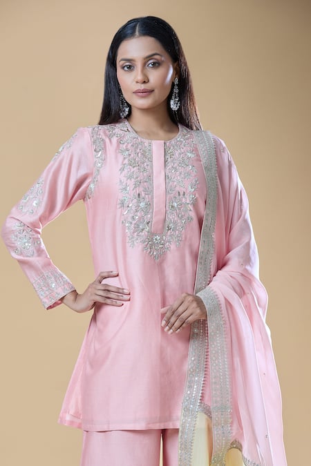 Shop_Samyukta Singhania_Pink Chanderi, Viscose Sequins, Beads, Zari, Embroidery Round And Kurta Pant Set _Online_at_Aza_Fashions