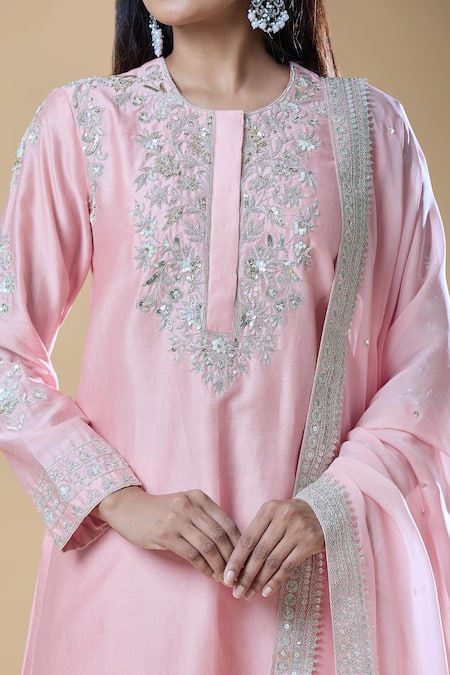 Samyukta Singhania_Pink Chanderi, Viscose Sequins, Beads, Zari, Embroidery Round And Kurta Pant Set _at_Aza_Fashions