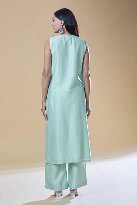 Shop_Samyukta Singhania_Green Chanderi, Viscose Pearls, Stones Round Neck Embroidered Kurta Pant Set _at_Aza_Fashions