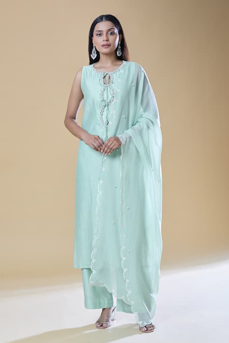 Buy_Samyukta Singhania_Green Chanderi, Viscose Pearls, Stones Round Neck Embroidered Kurta Pant Set _Online_at_Aza_Fashions