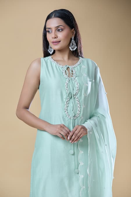 Shop_Samyukta Singhania_Green Chanderi, Viscose Pearls, Stones Round Neck Embroidered Kurta Pant Set _Online_at_Aza_Fashions