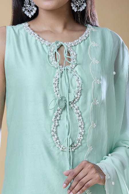 Samyukta Singhania_Green Chanderi, Viscose Pearls, Stones Round Neck Embroidered Kurta Pant Set _at_Aza_Fashions