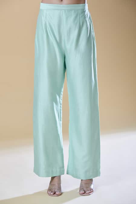 Buy_Samyukta Singhania_Green Chanderi, Viscose Pearls, Stones Round Neck Embroidered Kurta Pant Set 