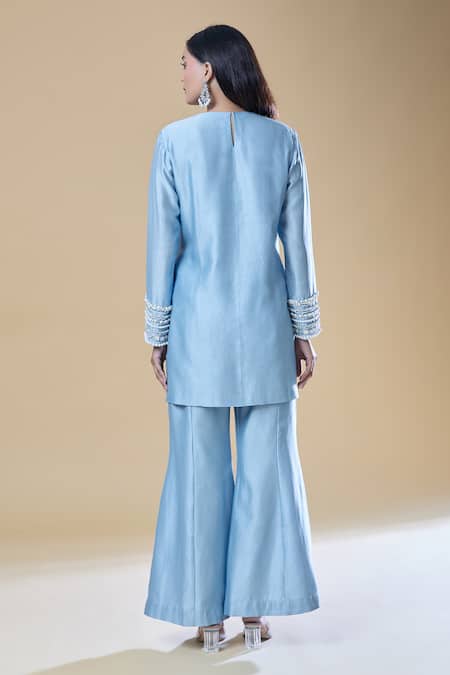 Shop_Samyukta Singhania_Blue Chanderi, Viscose Pearls, Stones Round Neck And Embroidered Kurta Pant Set _at_Aza_Fashions