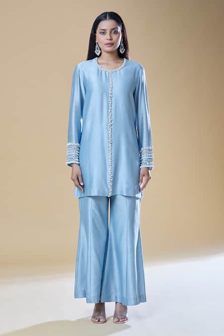 Samyukta Singhania_Blue Chanderi, Viscose Pearls, Stones Round Neck And Embroidered Kurta Pant Set _Online_at_Aza_Fashions