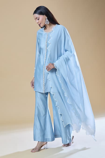 Buy_Samyukta Singhania_Blue Chanderi, Viscose Pearls, Stones Round Neck And Embroidered Kurta Pant Set _Online_at_Aza_Fashions