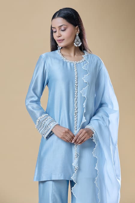 Shop_Samyukta Singhania_Blue Chanderi, Viscose Pearls, Stones Round Neck And Embroidered Kurta Pant Set _Online_at_Aza_Fashions