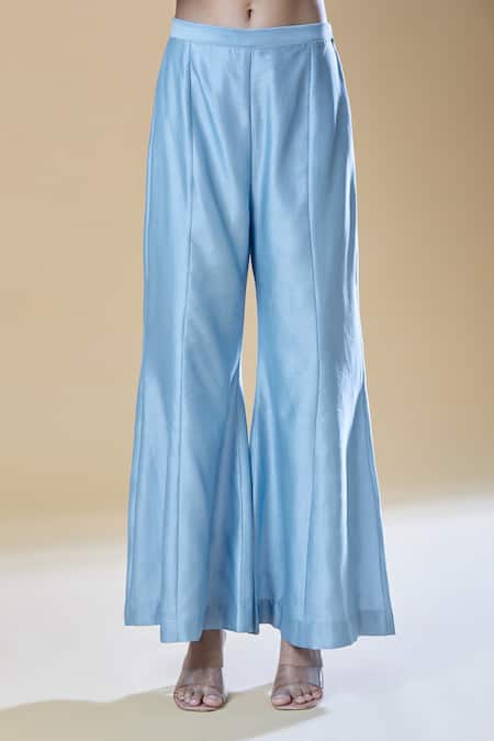 Samyukta Singhania_Blue Chanderi, Viscose Pearls, Stones Round Neck And Embroidered Kurta Pant Set _at_Aza_Fashions