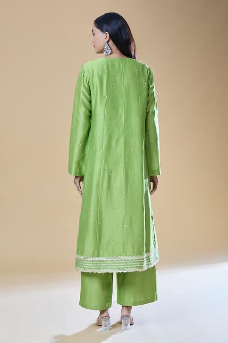 Shop_Samyukta Singhania_Green Chanderi, Viscose Sequins, Gota Patti Round Embroidered Kurta Pant Set _at_Aza_Fashions
