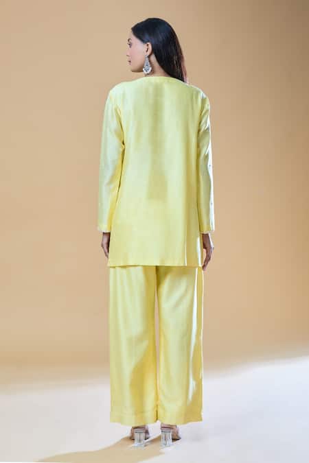 Shop_Samyukta Singhania_Yellow Chanderi, Viscose, Organza Pearls, Stones, And Short Kurta Pant Set _at_Aza_Fashions