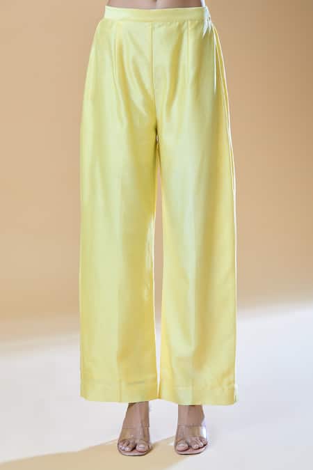 Buy_Samyukta Singhania_Yellow Chanderi, Viscose, Organza Pearls, Stones, And Short Kurta Pant Set _Online_at_Aza_Fashions