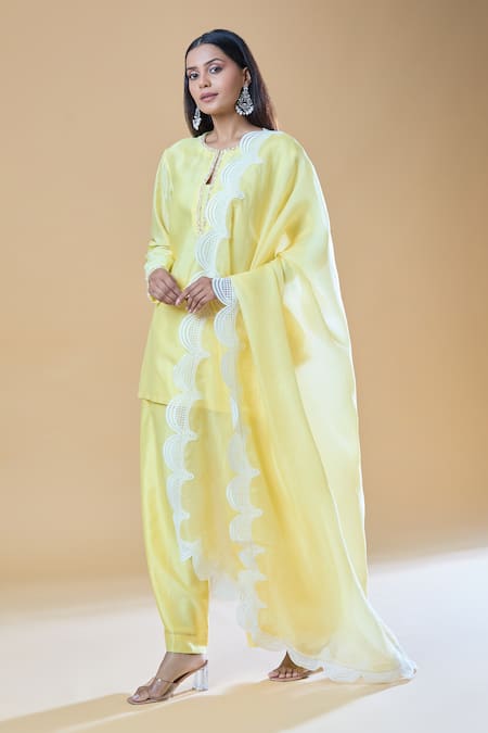 Shop_Samyukta Singhania_Yellow Chanderi, Viscose, Organza Pearls, Stones, And Short Kurta Pant Set _Online_at_Aza_Fashions