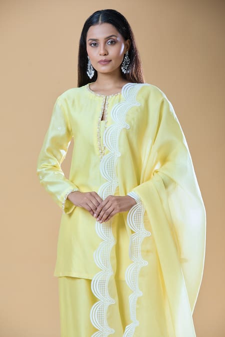 Samyukta Singhania_Yellow Chanderi, Viscose, Organza Pearls, Stones, And Short Kurta Pant Set _at_Aza_Fashions