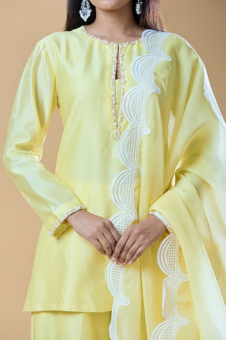 Buy_Samyukta Singhania_Yellow Chanderi, Viscose, Organza Pearls, Stones, And Short Kurta Pant Set 
