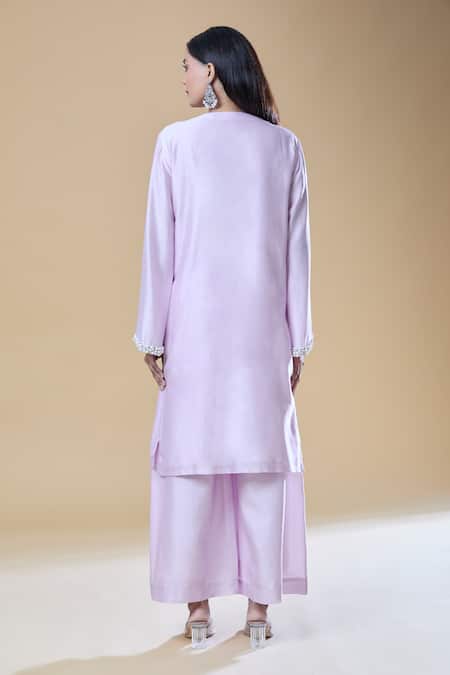 Shop_Samyukta Singhania_Purple Chanderi, Viscose Pearls, Stones And Embroidered Placket Kurta Pant Set _at_Aza_Fashions