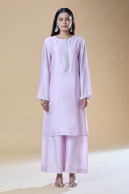 Samyukta Singhania_Purple Chanderi, Viscose Pearls, Stones And Embroidered Placket Kurta Pant Set _Online_at_Aza_Fashions
