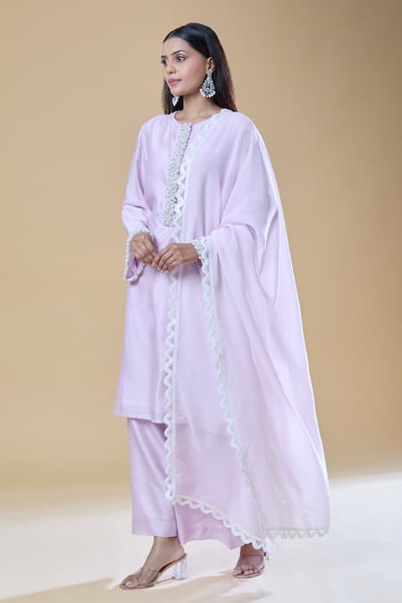 Buy_Samyukta Singhania_Purple Chanderi, Viscose Pearls, Stones And Embroidered Placket Kurta Pant Set _Online_at_Aza_Fashions