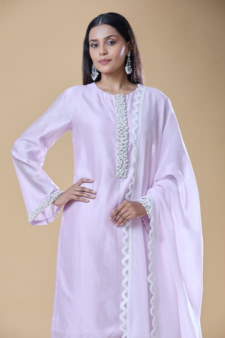Shop_Samyukta Singhania_Purple Chanderi, Viscose Pearls, Stones And Embroidered Placket Kurta Pant Set _Online_at_Aza_Fashions