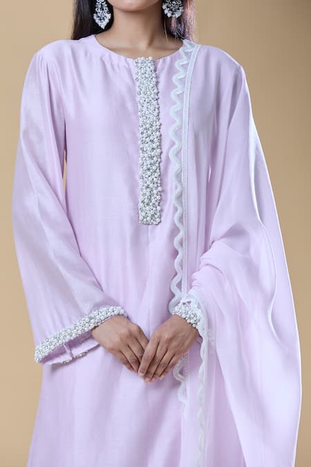 Samyukta Singhania_Purple Chanderi, Viscose Pearls, Stones And Embroidered Placket Kurta Pant Set _at_Aza_Fashions