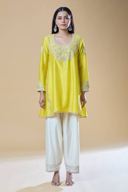 Samyukta Singhania_Yellow Chanderi, Viscose Sequins, Zari, Beads, Embroidery Round Kurta Pant Set _Online_at_Aza_Fashions