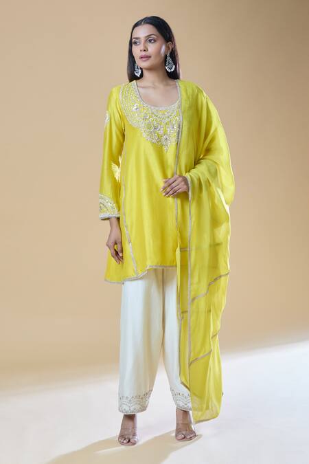 Buy_Samyukta Singhania_Yellow Chanderi, Viscose Sequins, Zari, Beads, Embroidery Round Kurta Pant Set _Online_at_Aza_Fashions