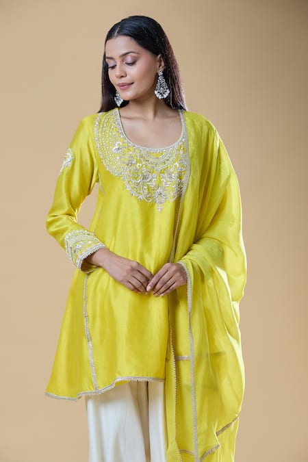 Shop_Samyukta Singhania_Yellow Chanderi, Viscose Sequins, Zari, Beads, Embroidery Round Kurta Pant Set _Online_at_Aza_Fashions