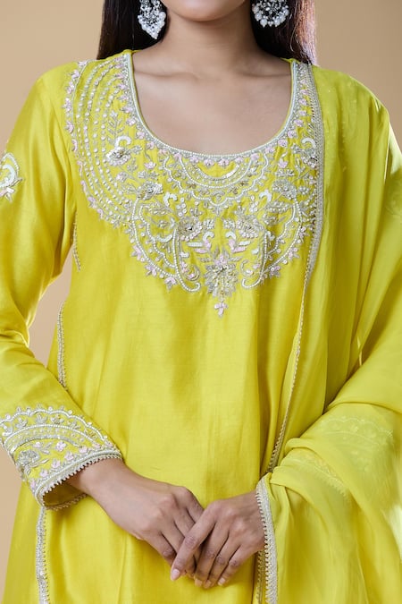 Samyukta Singhania_Yellow Chanderi, Viscose Sequins, Zari, Beads, Embroidery Round Kurta Pant Set _at_Aza_Fashions
