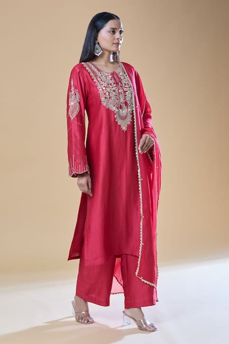 Buy_Samyukta Singhania_Red Chanderi, Viscose Sequins, Beads, Floral Paisley Embroidered Kurta Pant Set_Online_at_Aza_Fashions