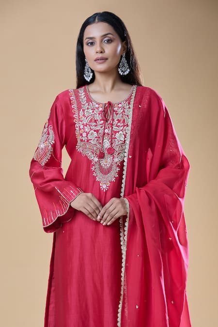 Shop_Samyukta Singhania_Red Chanderi, Viscose Sequins, Beads, Floral Paisley Embroidered Kurta Pant Set_Online_at_Aza_Fashions