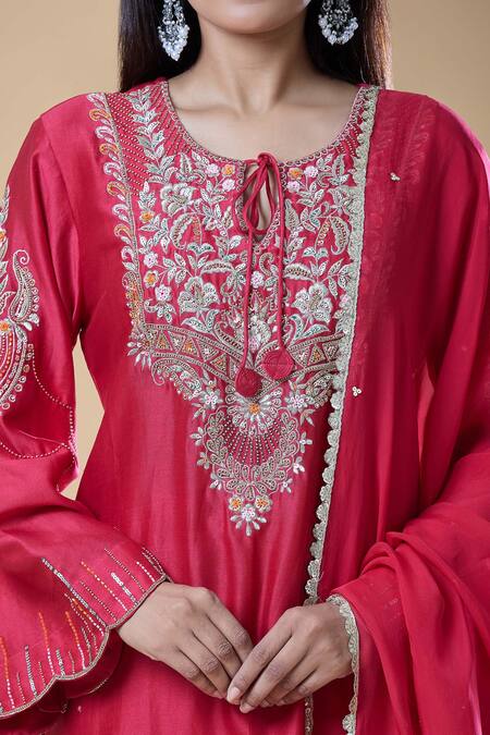 Samyukta Singhania_Red Chanderi, Viscose Sequins, Beads, Floral Paisley Embroidered Kurta Pant Set_at_Aza_Fashions