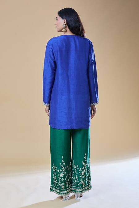 Shop Samyukta Singhania Blue Chanderi, Viscose, Organza Sequins, Beads, Floral Pattern Kurta Pant Set at Aza Fashions Shop_Samyukta Singhania_Blue Chanderi, Viscose, Organza Sequins, Beads, Floral Pattern Kurta Pant Set_at_Aza_Fashions