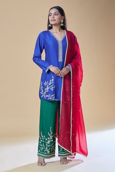 Buy Samyukta Singhania Blue Chanderi, Viscose, Organza Sequins, Beads, Floral Pattern Kurta Pant Set Online at Aza Fashions Buy_Samyukta Singhania_Blue Chanderi, Viscose, Organza Sequins, Beads, Floral Pattern Kurta Pant Set_Online_at_Aza_Fashions