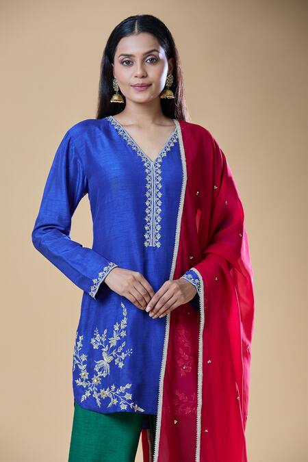 Shop Samyukta Singhania Blue Chanderi, Viscose, Organza Sequins, Beads, Floral Pattern Kurta Pant Set Online at Aza Fashions Shop_Samyukta Singhania_Blue Chanderi, Viscose, Organza Sequins, Beads, Floral Pattern Kurta Pant Set_Online_at_Aza_Fashions